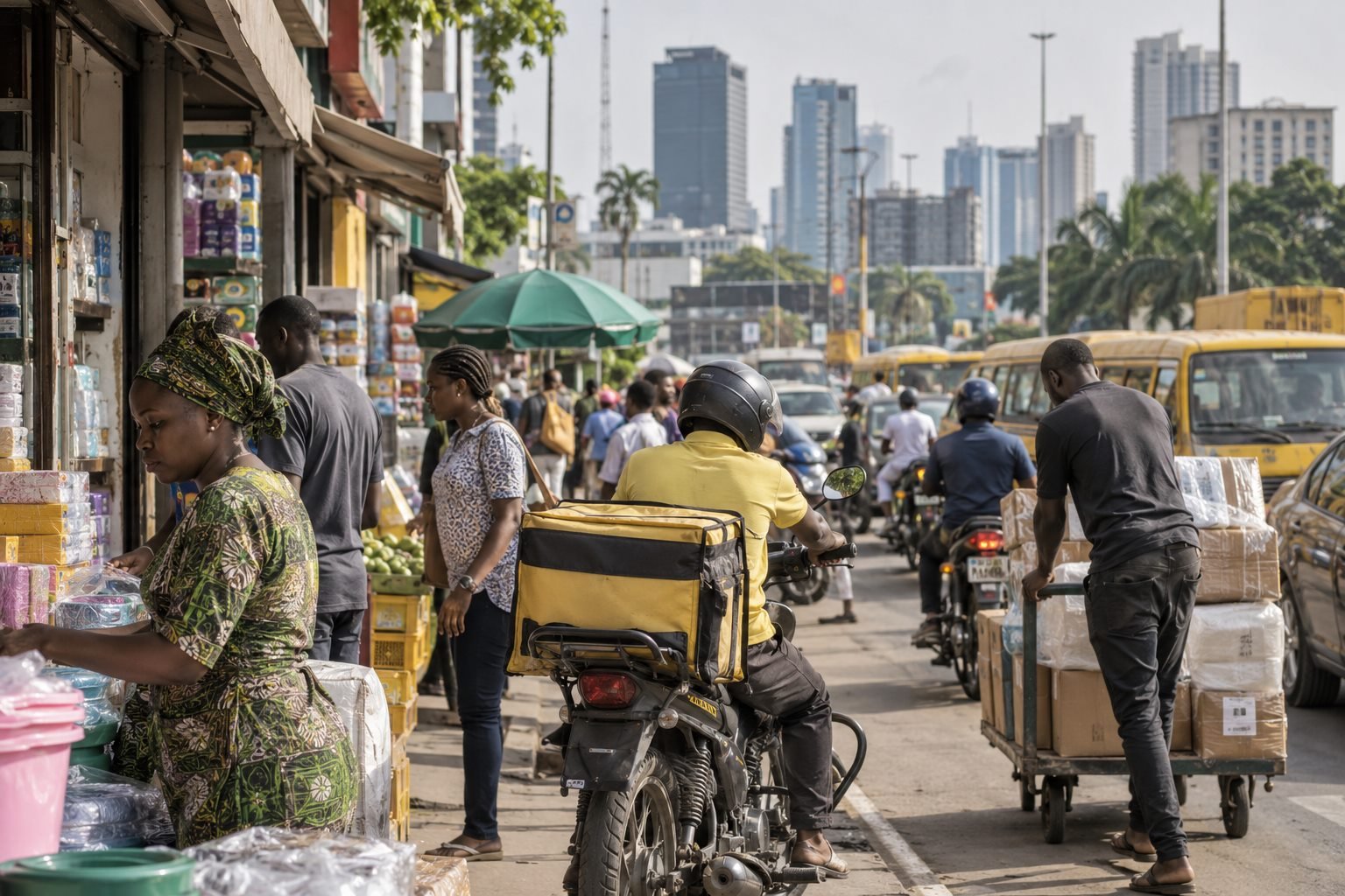 Retailers and delivery workers moving goods through a commercial street in Lagos