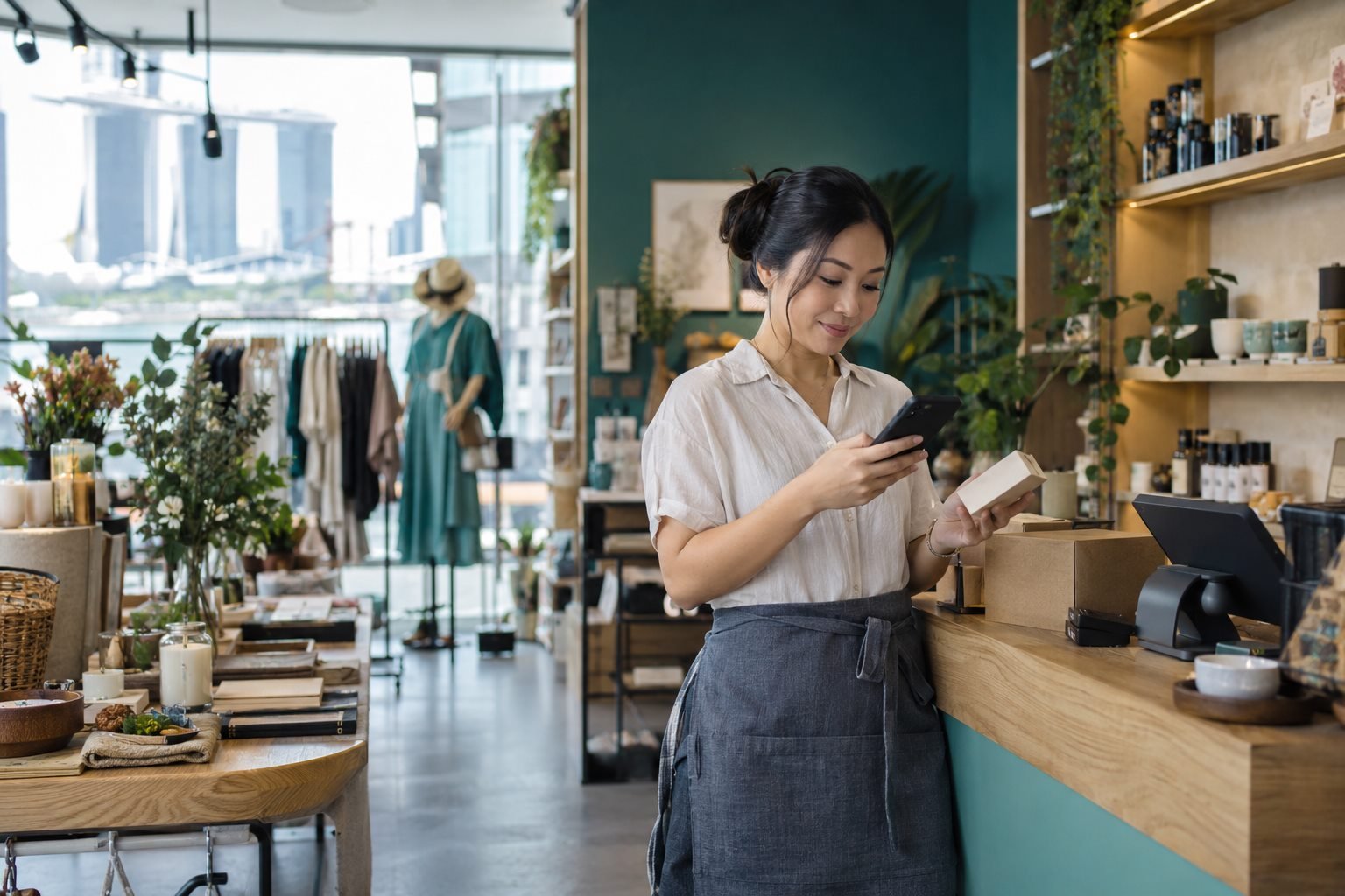 A small business owner using a smartphone inside a contemporary Singapore shop