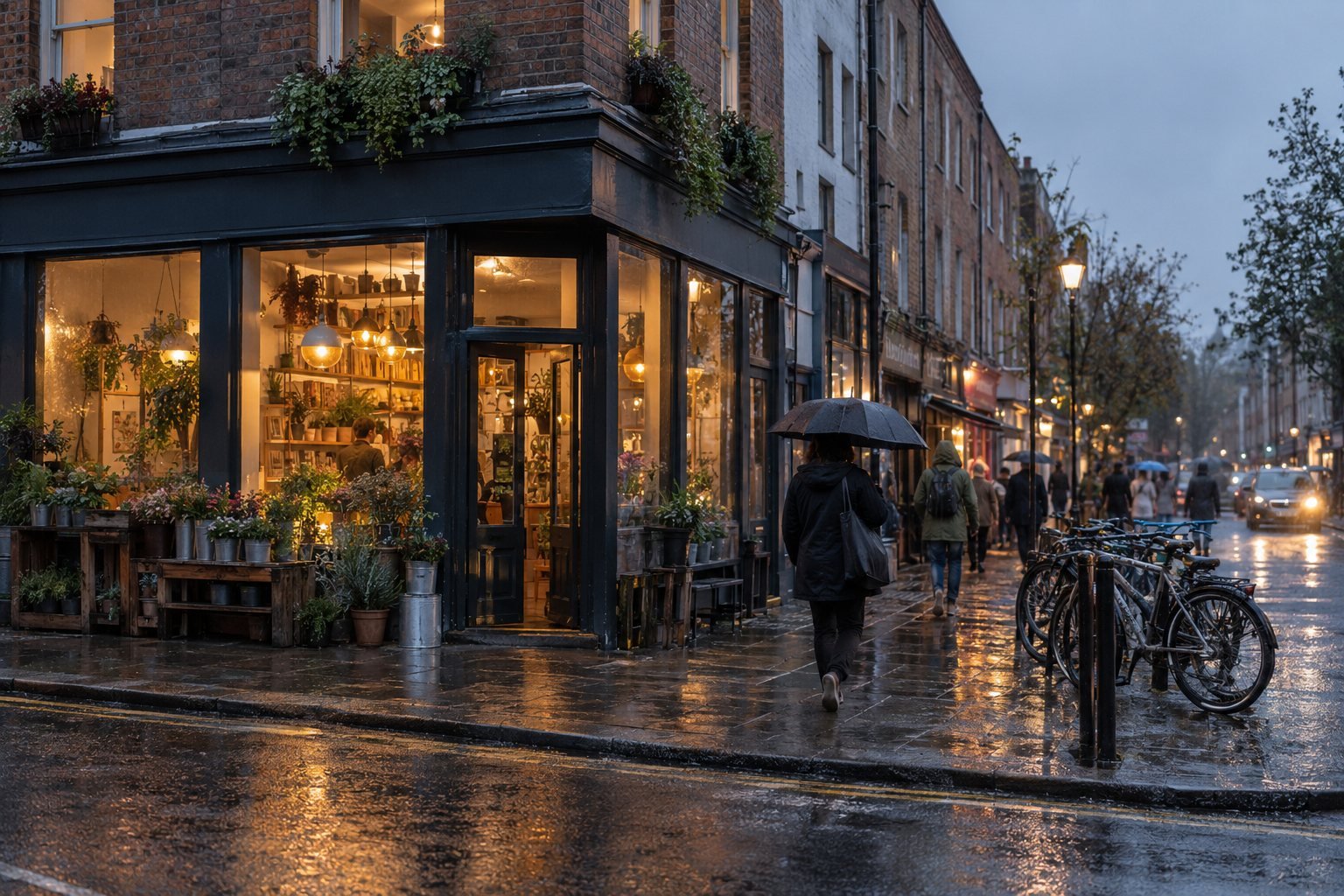 Independent shops trading on a rain-washed East London street at early evening
