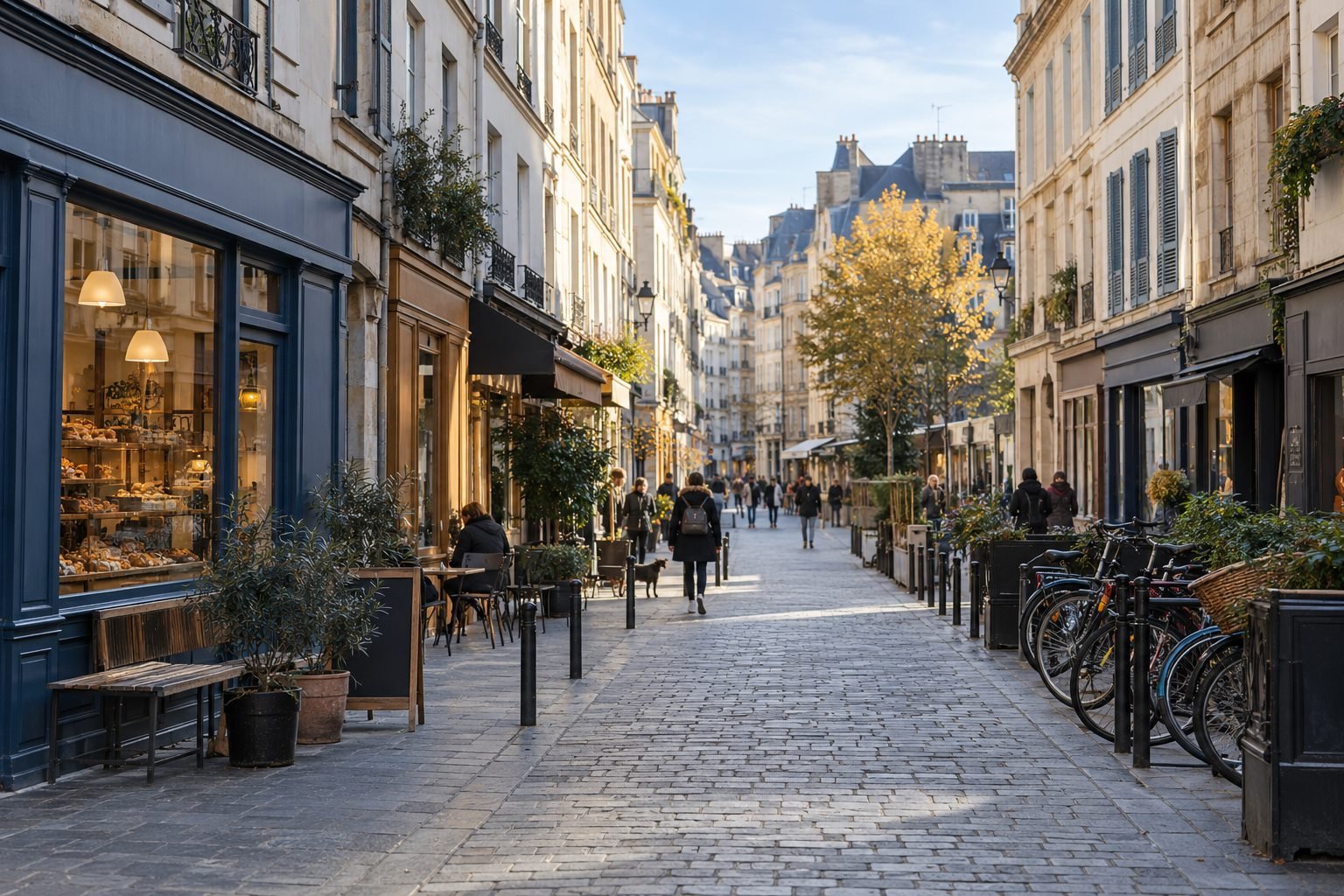 A walkable European commercial street lined with independent businesses