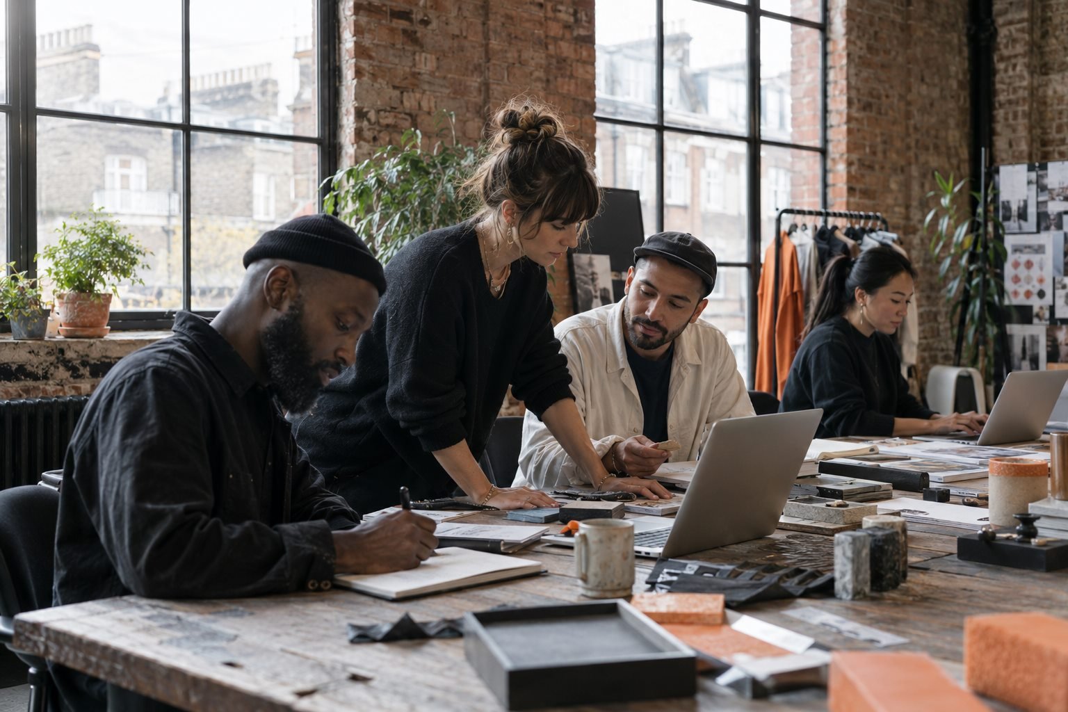 Founders collaborating around a worktable in a converted Shoreditch studio