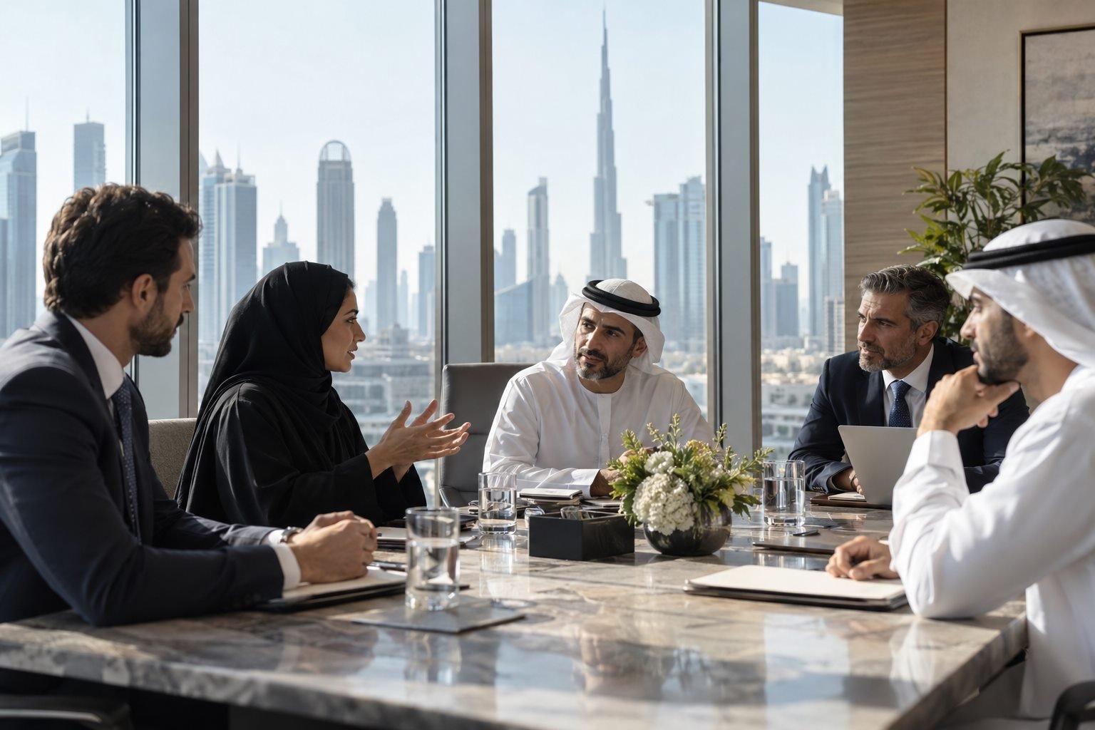 Executives in discussion at a modern business meeting in Dubai