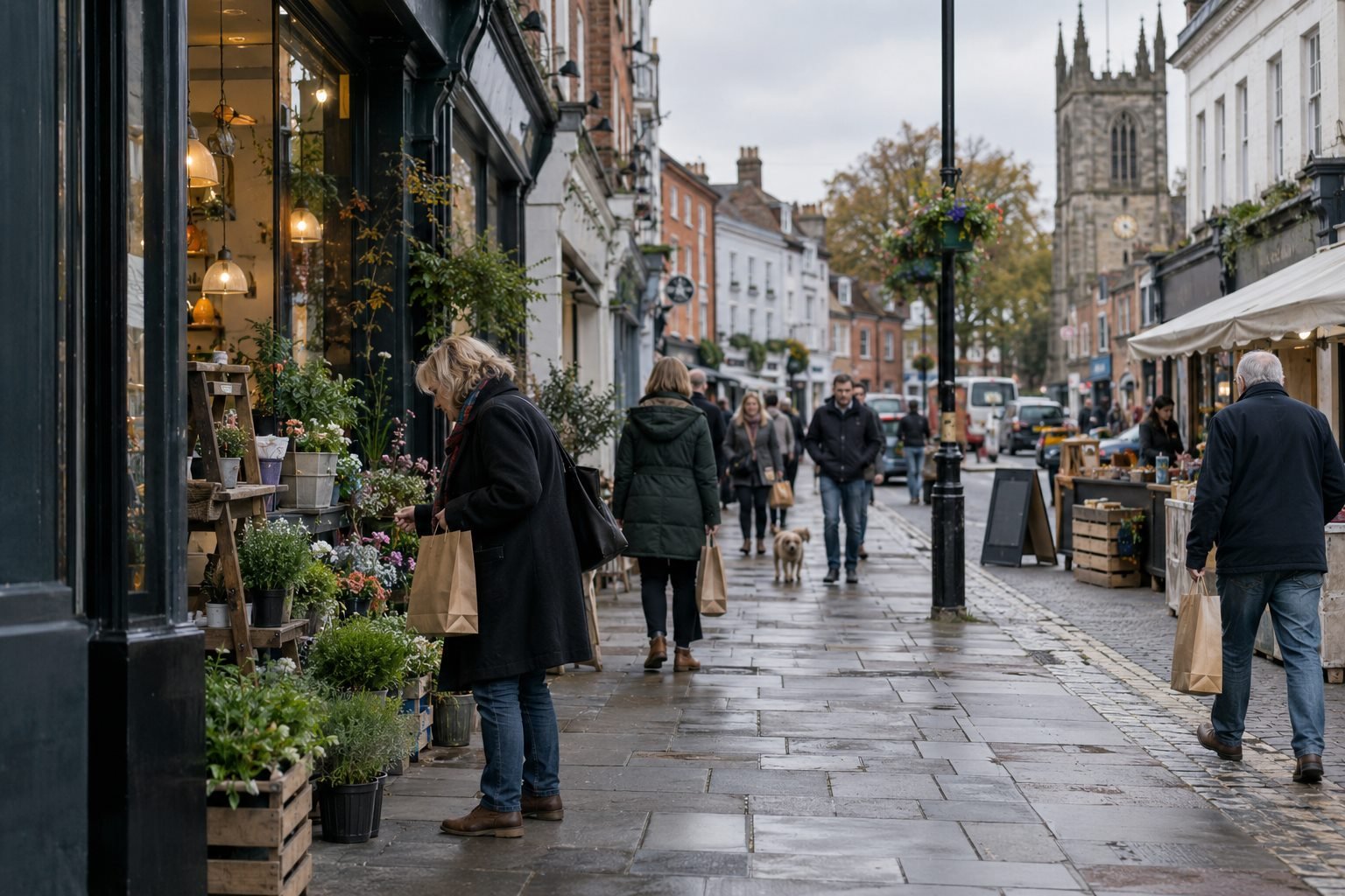 Shoppers passing independent businesses on a British high street