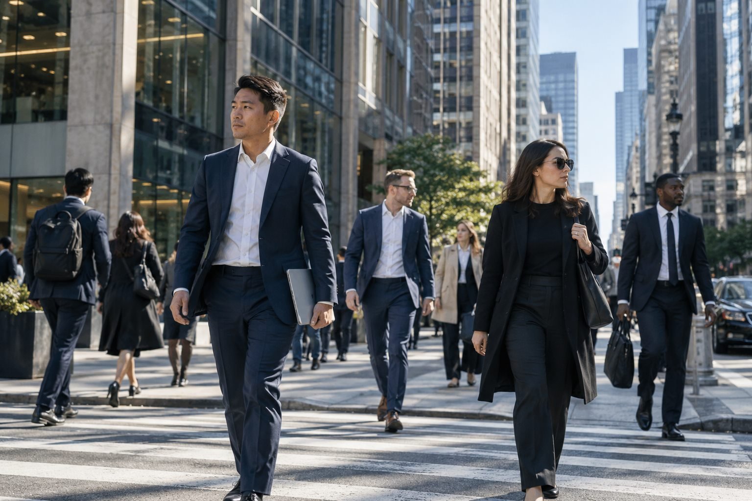 Office workers crossing through a modern United States business district